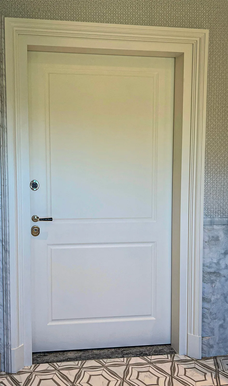 Embassy residential security door with two-panel design and X1R keyless entry