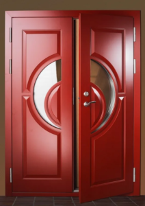 High-end red security double doors with circular glass design