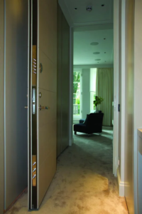High-security door shown open from an interior hallway