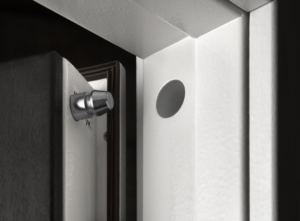 Close-up of a high-security door hinge-side security bolt